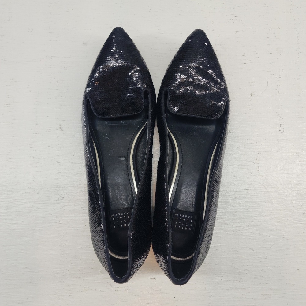 WHBM 8.5M | Starla Black Sequin Pointed Toe Smoking Loafers Flats Shoes Glam - Picture 2 of 7